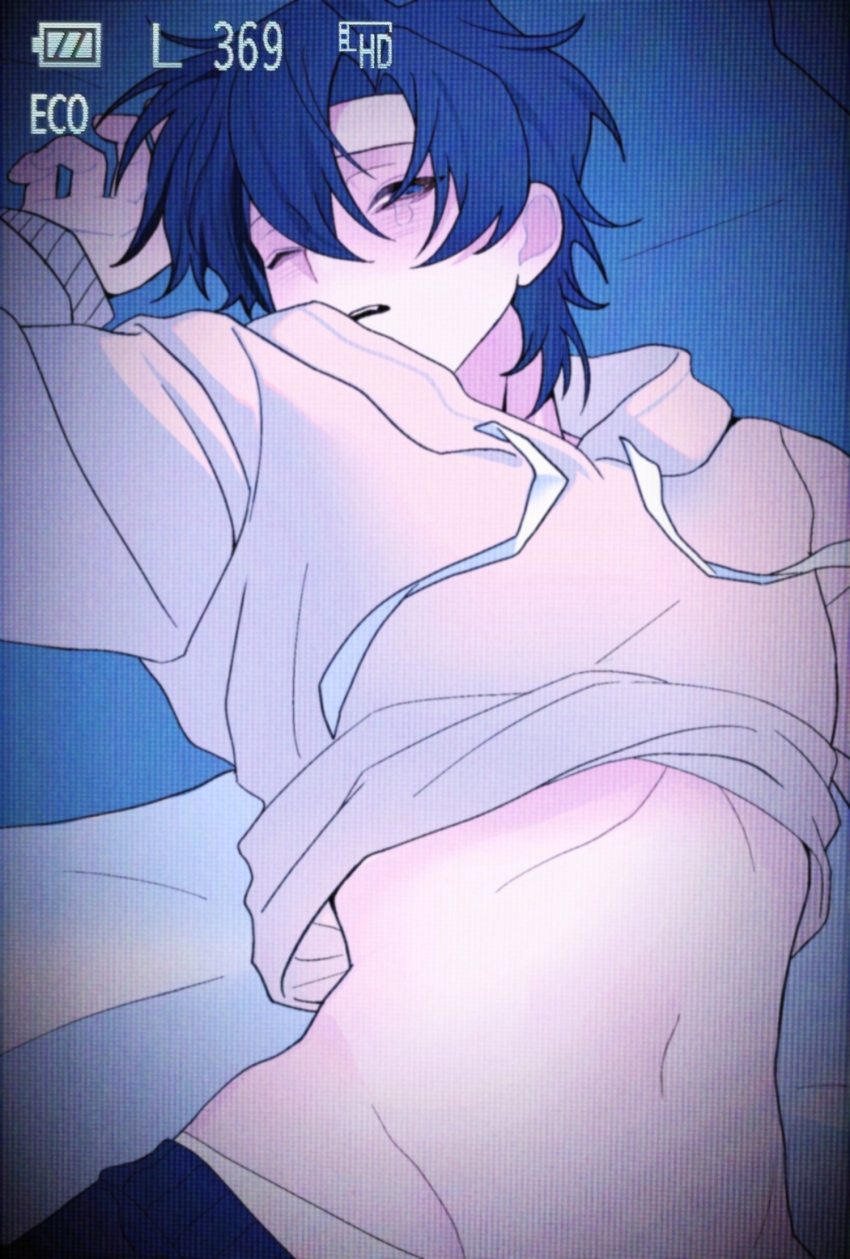 1boy, alternate_costume, battery_indicator, black_eyes, black_hair, blush, cheng_xiaoshi, chinese_commentary, clothes_lift, clothes_pull, drawstring, groin, hair_between_eyes, hand_up, highres, hood, hood_down, hoodie, hoodie_lift, implied_yaoi, li323213, long_sleeves, looking_at_viewer, lying, male_focus, midriff, navel, on_back, on_bed, one_eye_closed, open_mouth, pants, pants_pull, recording, shiguang_dailiren, short_hair, solo, stomach, tears, teeth, underwear, white_hoodie