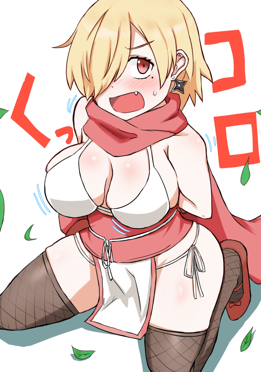 1girl, akaomisn, bikini, blonde_hair, blush, breasts, cleavage, fang