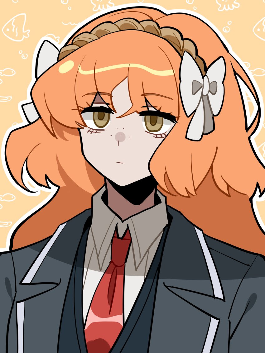 1girl, absurdres, black_coat, coat, collared_shirt, fish, freckles, green_eyes, highres, ishmael_(project_moon), limbus_company, long_hair, necktie, orange_background, orange_hair, project_moon, red_necktie, shirt, solo, tachibana_limbu, upper_body