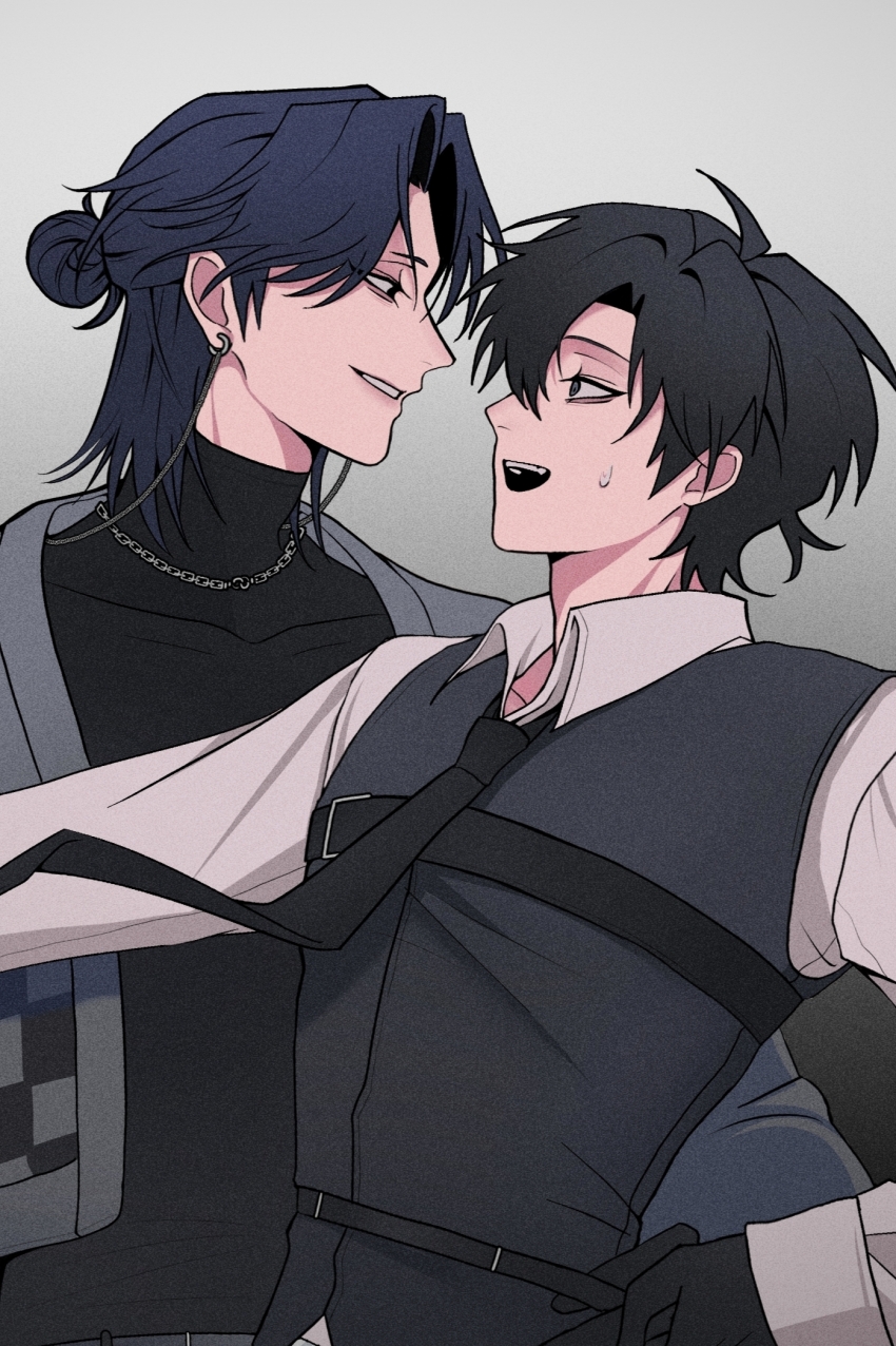 2boys, belt, black_belt, black_eyes, black_gloves, black_hair, black_necktie, black_shirt