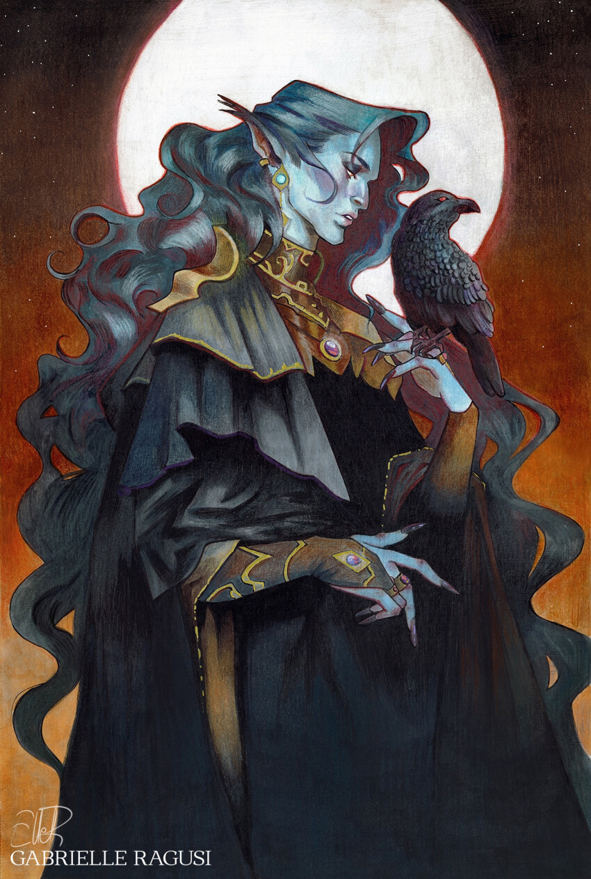 1boy, artist_name, bird, bird_on_hand, bridal_gauntlets, cloak, colored_pencil_(medium), commentary, crow, earrings, english_commentary, fingernails, from_side, full_moon, gabrielleragusi, grey_hair, highres, jewelry, long_fingernails, long_hair, marker_(medium), mixed_media, moon, original, pointy_ears, profile, ring, signature, single_bridal_gauntlet, single_earring, traditional_media, very_long_hair