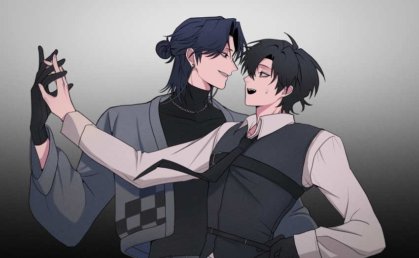 2boys, absurdres, belt, black_belt, black_eyes, black_gloves, black_hair, black_necktie