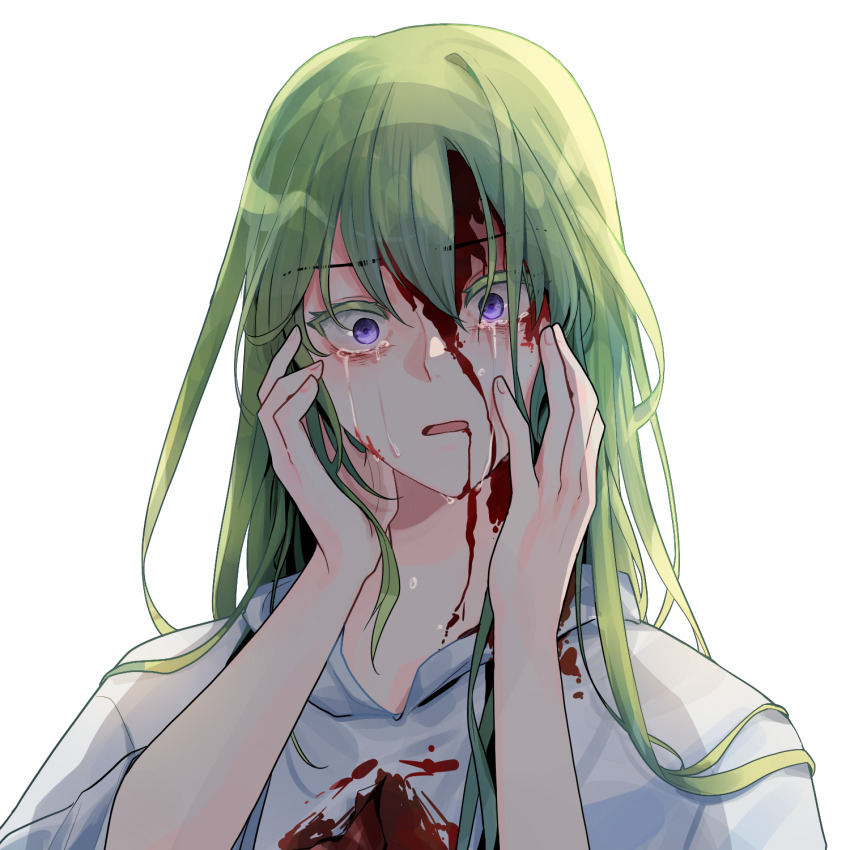 1boy, blood, blood_from_mouth, blood_on_clothes, blood_on_face, colored_eyelashes, commentary_request, constricted_pupils