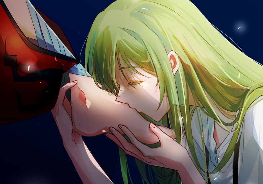 1boy, 1other, barefoot, closed_eyes, colored_eyelashes, commentary_request, enkidu_(fate), fate/grand_order, fate_(series), foot_worship, gilgamesh, gilgamesh_(caster)_(fate), gilgamesh_(fate), green_hair, highres, kassia, kissing_foot, korean_commentary, long_hair, robe, white_robe