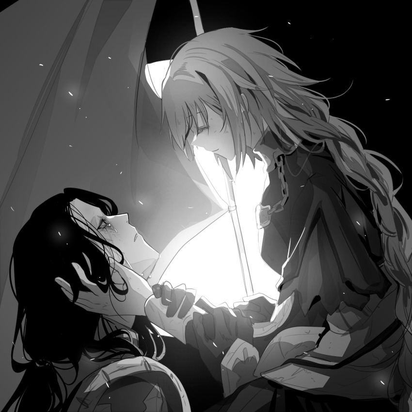 1boy, 1girl, capelet, closed_eyes, commentary_request, crying, embers, fate/grand_order
