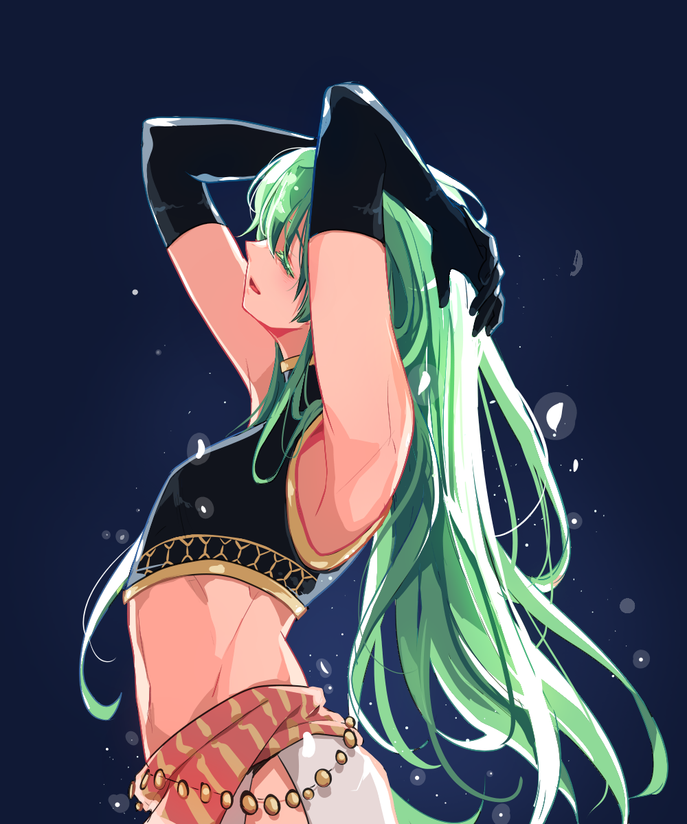 1other, androgynous, armpits, arms_up, black_gloves, blue_background, commentary_request, crop_top