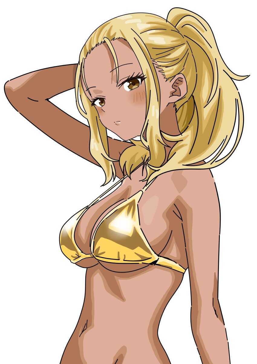 1girl, absurdres, arm_behind_head, bikini, blonde_hair, blush, breasts, brown_eyes