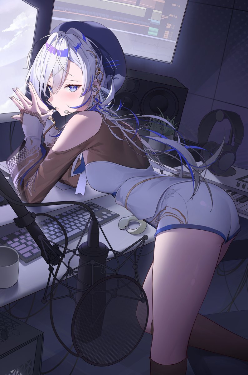 bent_over, blue_eyes, blue_hat, blue_streaks, clothing_cutout, commentary_request, computer, computer_keyboard