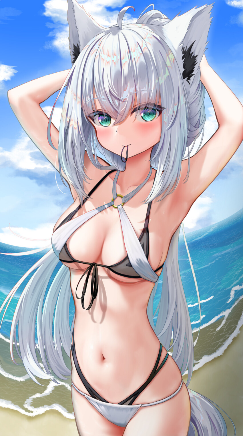 1girl, ahoge, animal_ear_fluff, animal_ears, armpits, arms_up, beach, bikini