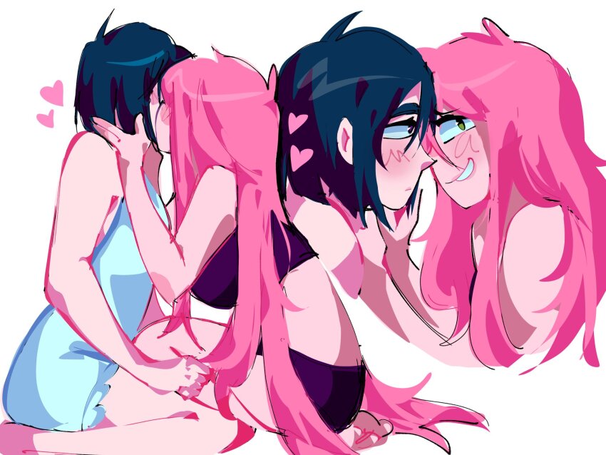 2girls, alien_stage, black_bra, black_hair, black_panties, bra, commentary, dress