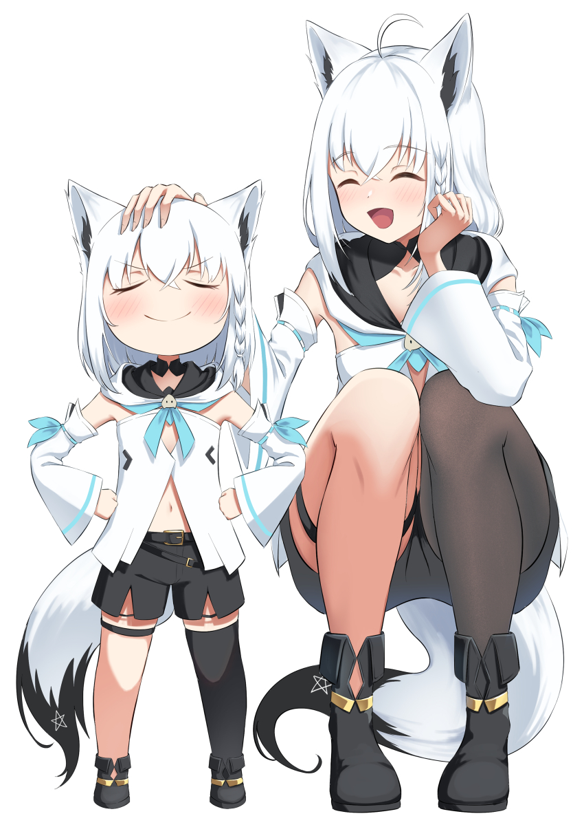 2girls, absurdres, aged_down, ahoge, animal_ear_fluff, animal_ears, black_boots, black_shorts
