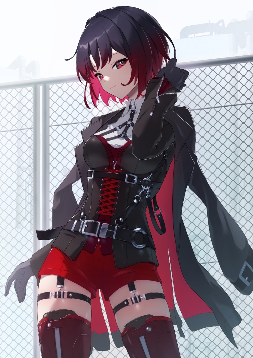 1girl, belt, black_belt, black_bustier, black_corset, black_gloves, black_hair, black_jacket