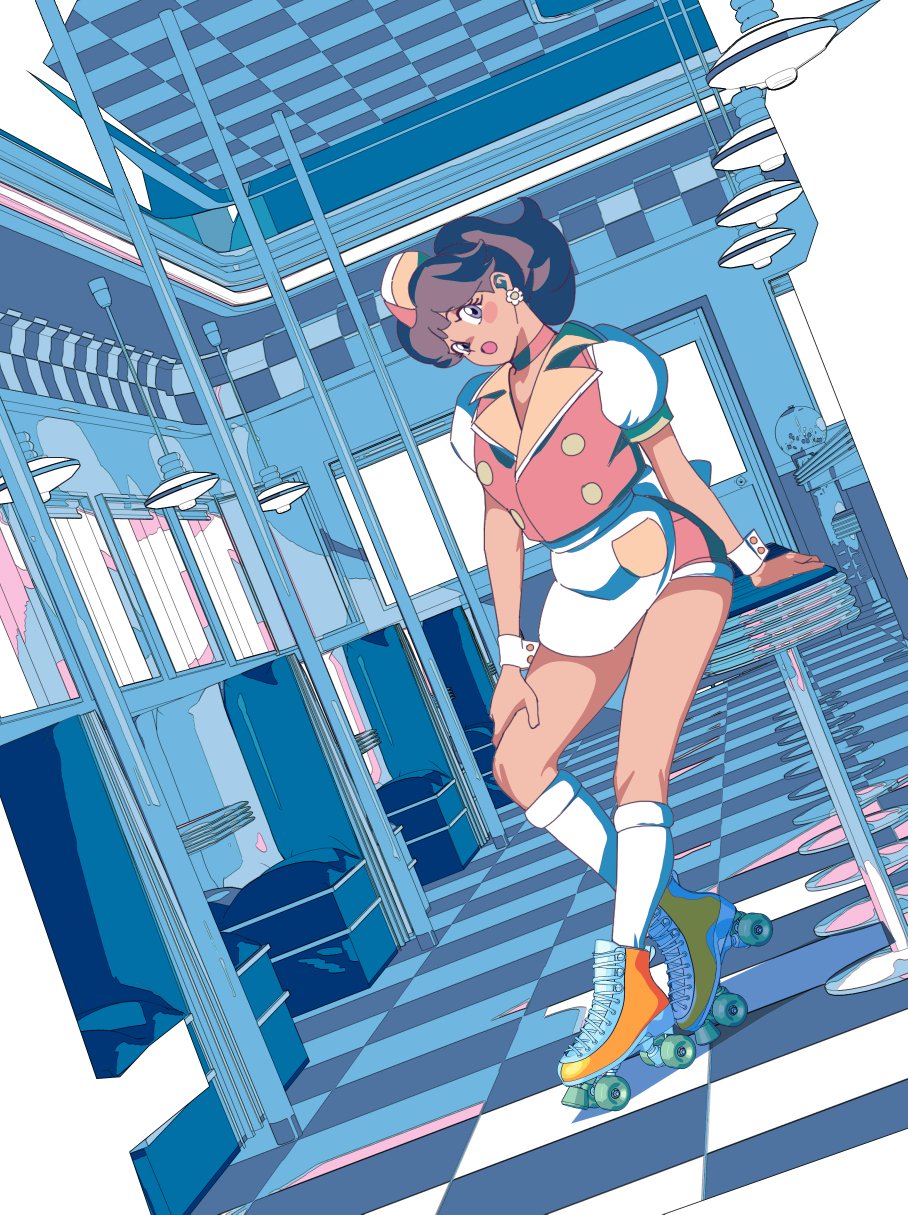 1girl, :o, apron, blue_eyes, blush_stickers, booth_seating, brown_hair, carhop