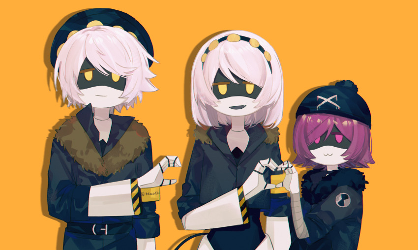 1boy, 2girls, absurdres, android, black_hat, black_jacket, closed_mouth, grey_hair