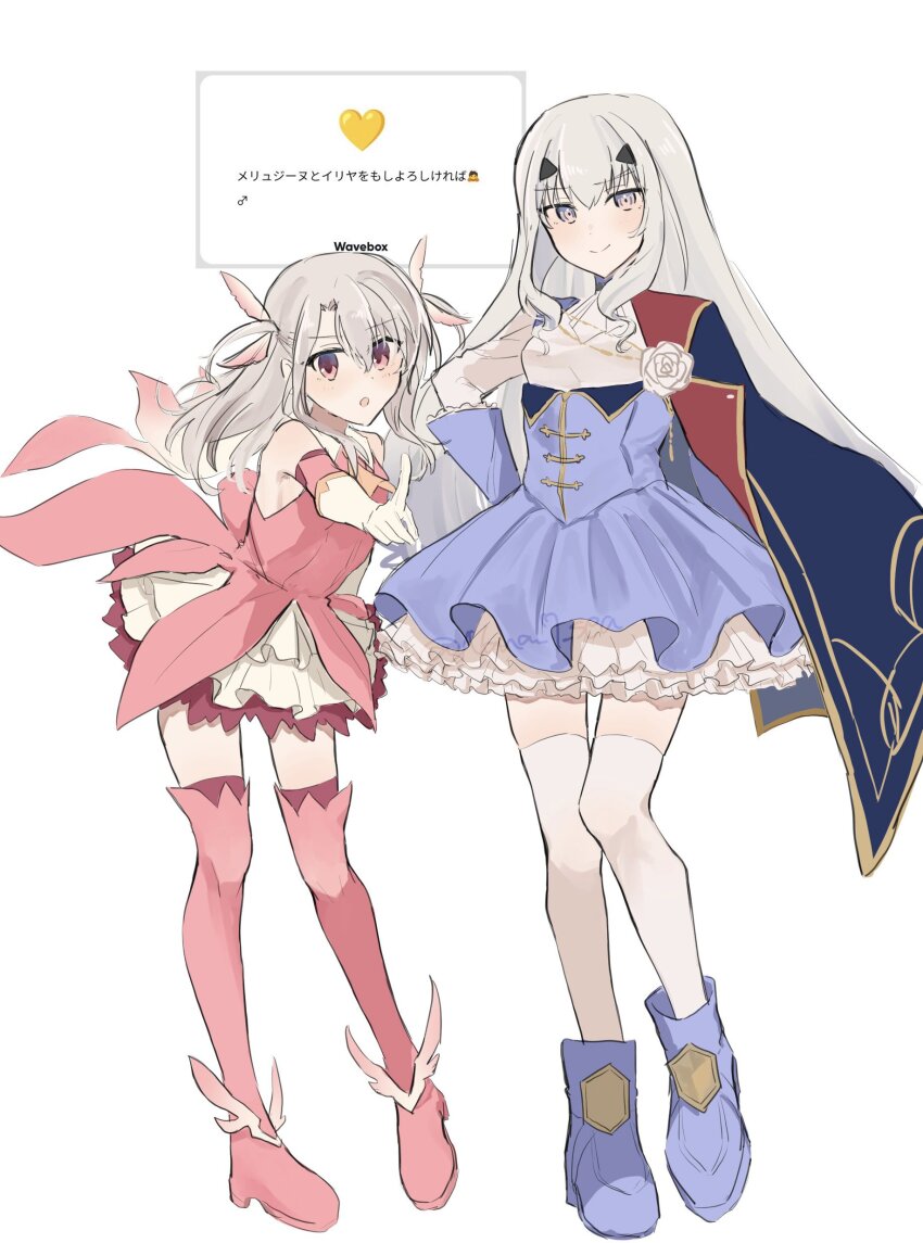 1234eabc, 2girls, absurdres, blue_dress, boots, dress, fate/grand_order, fate_(series), flower, grey_hair, highres, illyasviel_von_einzbern, long_hair, melusine_(fate), melusine_(second_ascension)_(fate), multiple_girls, pink_dress, pointing, pointing_at_viewer, prisma_illya, request_inset, rose, smile, thigh_boots, thighhighs, two_side_up, white_flower, white_rose, white_thighhighs