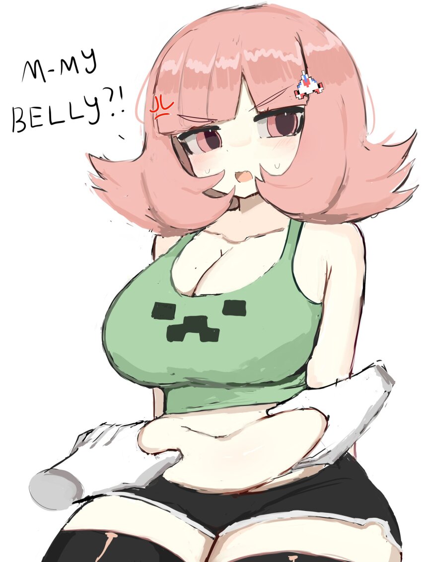 1girl, 2others, alternate_body_size, alternate_breast_size_(larger), anger_vein, belly, black_shorts, black_thighhighs