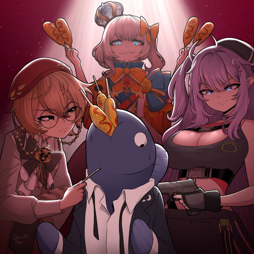 1boy, 3girls, absurdres, beret, blue_eyes, bob_cut, bow, bowtie