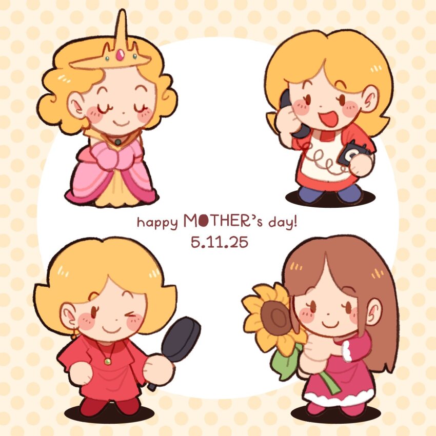 2025, 4girls, apron, blonde_hair, blush_stickers, brown_hair, carol_(mother), chibi