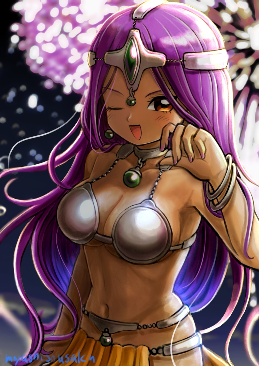 1girl, aerial_fireworks, bangle, blurry, blurry_background, bracelet, breasts, brown_eyes, circlet, cleavage, collarbone, commentary, dancer, dancer's_costume_(dq), dark-skinned_female, dark_skin, dragon_quest, dragon_quest_iv, fireworks, gem, green_gem, harem_outfit, highres, jewelry, large_breasts, light_blush, long_hair, looking_at_viewer, manya_(dq4), moyapippi, navel, neck_ring, one_eye_closed, open_mouth, pelvic_curtain, purple_hair, solo, stomach, twitter_username, underboob