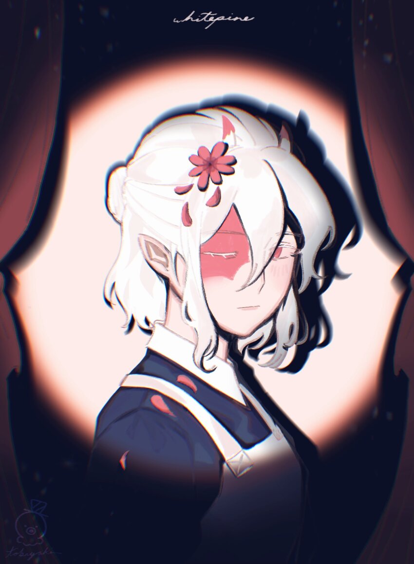 1girl, animification, apron, blush, burn_scar, colored_eyelashes, colored_skin, commentary