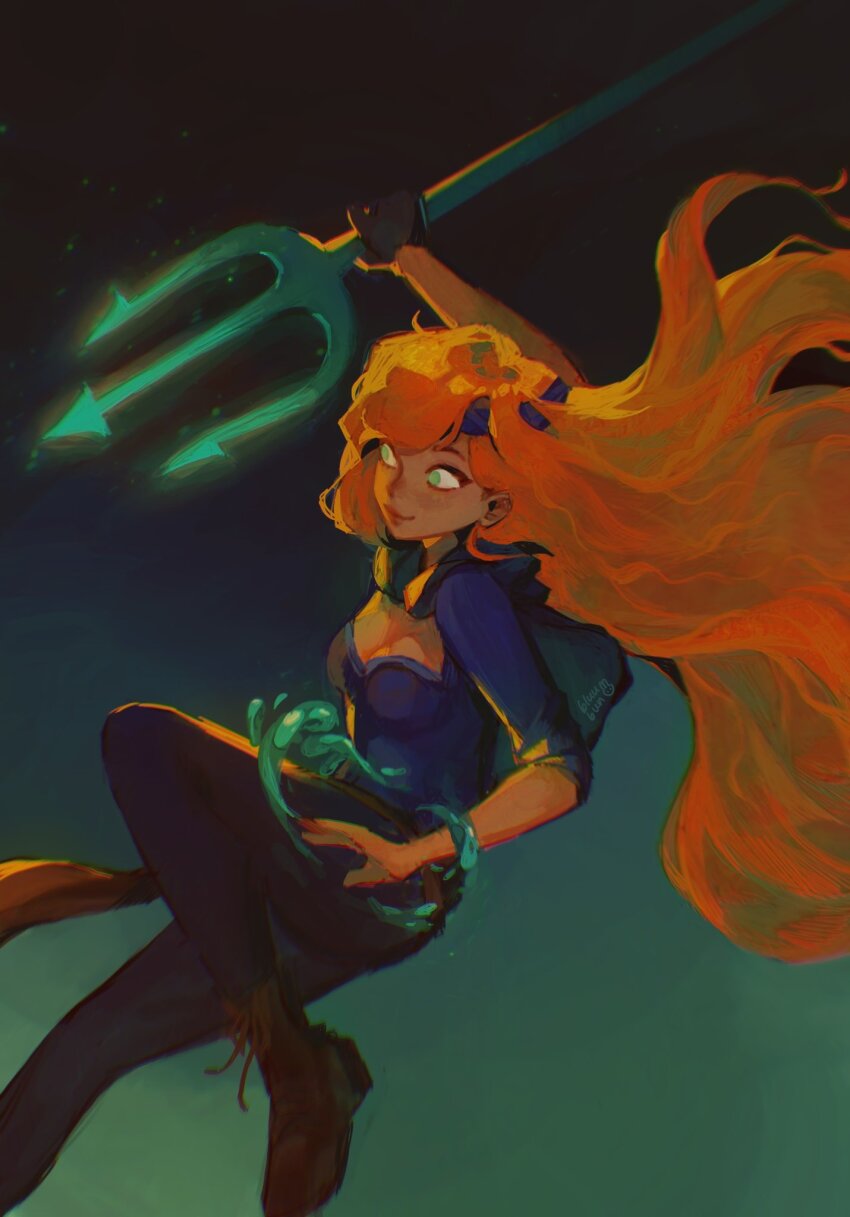 1girl, blue_cloak, blue_headband, blue_shirt, bluubun, boots, breasts, brown_boots