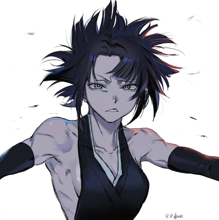 1girl, armpits, backless_dress, backless_outfit, bare_back, bare_shoulders, black_dress, black_hair, black_robe, black_sleeves, bleach, bleach:_sennen_kessen-hen, blue_eyes, breasts, collarbone, debris, detached_sleeves, dress, floating_hair, hair_between_eyes, highres, looking_at_viewer, mature_female, messy_hair, p_glansk, parted_lips, robe, shihakusho, short_hair, sideboob, sidelocks, signature, solo, squinting, striped_clothes, striped_dress, striped_robe, sui-feng, twitter_username, white_background