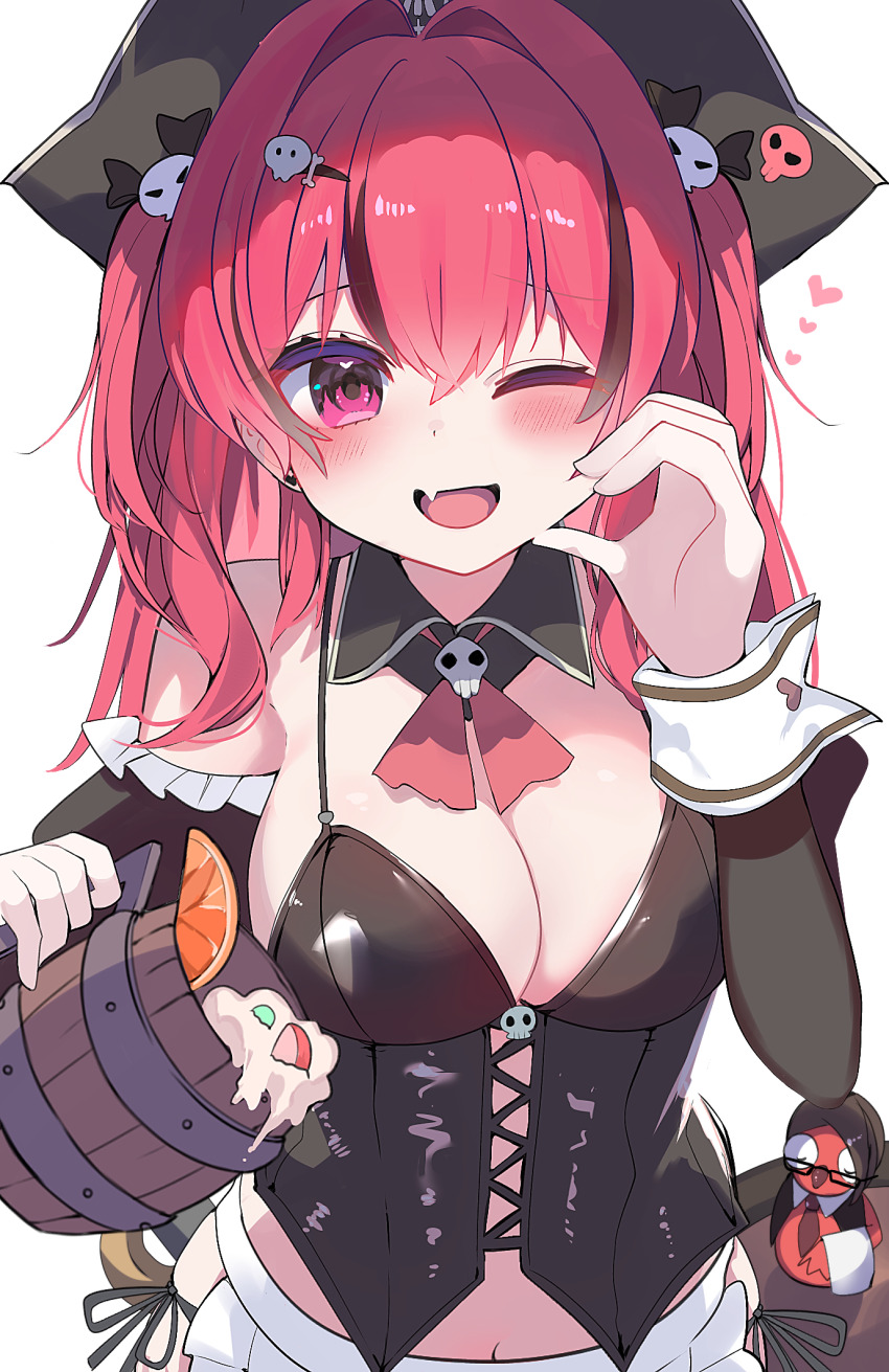 1girl, black_corset, blush, breasts, cleavage, clover_39, corset, fang