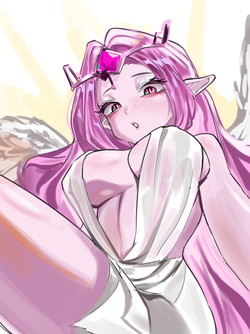 1girl, angel, angel_wings, colored_skin, cookie_run, cookie_run:_kingdom, dress, eternal_sugar_cookie, eyes_on_wings, food-themed_hair_ornament, fruit_hair_ornament, gold_wheat, gutan_(gugangtan), hair_ornament, highres, long_hair, looking_at_viewer, pancake_print, pink_eyes, pink_hair, pink_skin, solo, very_long_hair, white_eyeshadow, wings