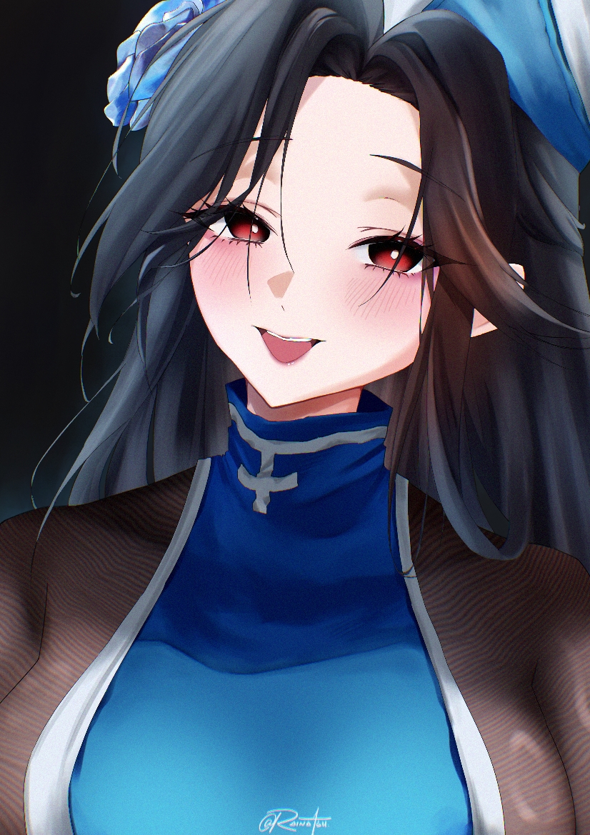 1girl, black_hair, bodystocking, braid, braided_ponytail, breasts, cross, earrings