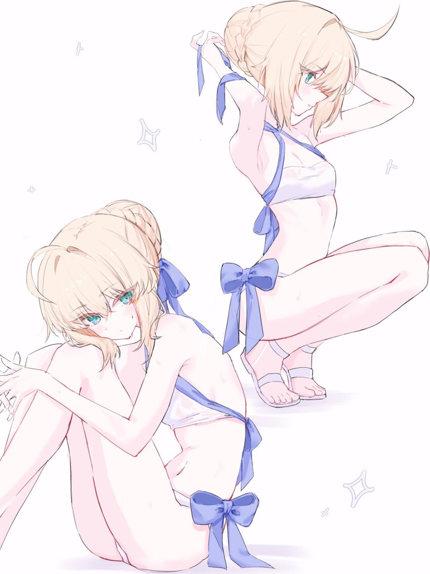 1girl, ahoge, ame_amean, artoria_pendragon_(fate), bikini, blonde_hair, blue_ribbon, bow