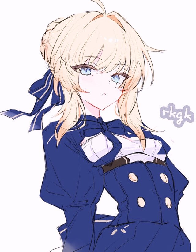 1girl, ahoge, ame_amean, artoria_pendragon_(fate), blonde_hair, blue_ribbon, braid, braided_bun