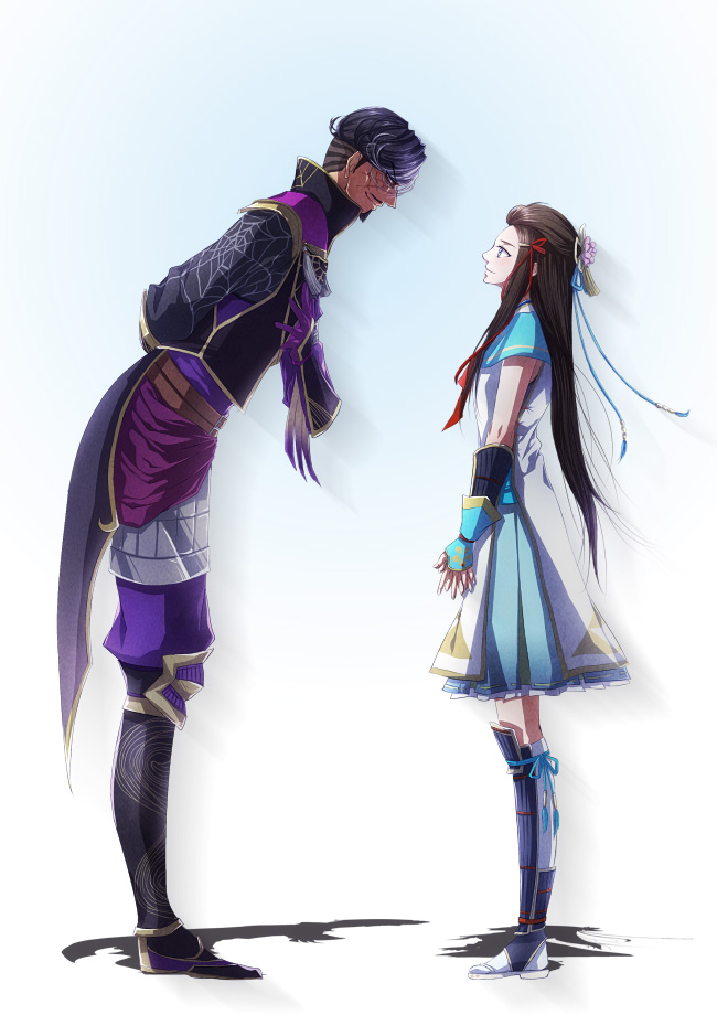 arms_behind_back, black_hair, blue_eyes, brown_hair, coat, facial_hair, goatee, hair_ribbon