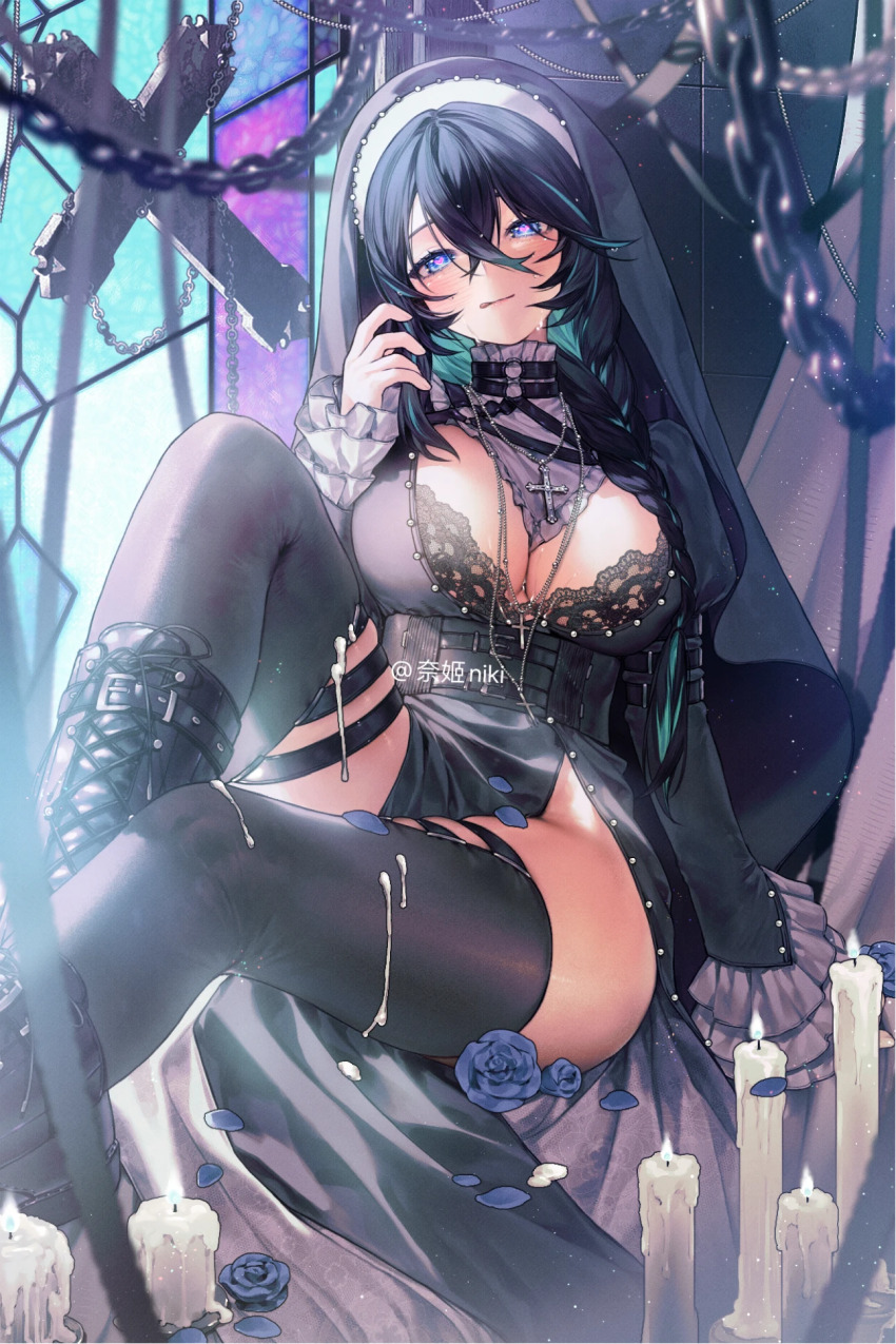 1girl, another_project, artist_request, bilibili_commission, black_boots, black_bra, black_hair, black_thighhighs