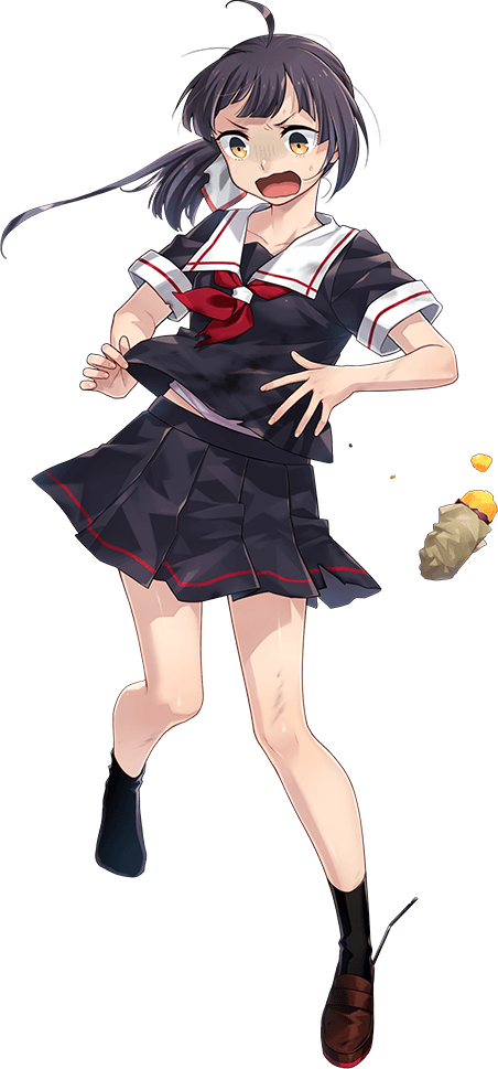 1girl, ahoge, black_hair, black_shirt, black_skirt, black_socks, brown_shoes, burnt_clothes