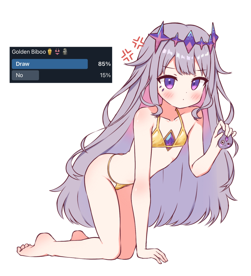 1girl, anger_vein, bikini, chest_jewel, colored_inner_hair, feet, flat_chest, gba_jasjas, gold_bikini, gradient_hair, highres, hololive, hololive_english, jewel_under_eye, koseki_bijou, loli, looking_at_viewer, multicolored_hair, pebble_(koseki_bijou), pink_hair, purple_eyes, purple_hair, screenshot_inset, simple_background, swimsuit, toes, virtual_youtuber, white_background