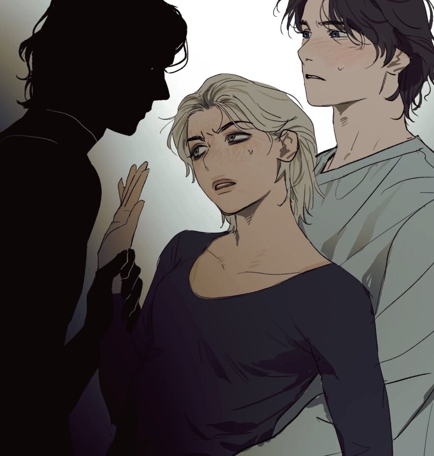 1girl, 2boys, aura, black_hair, blonde_hair, blush, dailysarndean, dark_aura