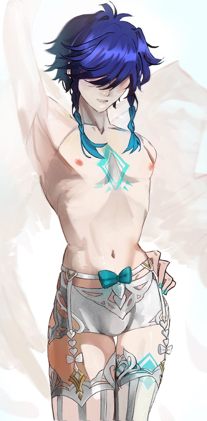 1boy, absurdres, androgynous, armpits, black_hair, blue_hair, braid, cosplay, crossdressing, crossdressing_(mtf), escoffier_(genshin_impact)_(cosplay), genshin_impact, gradient_hair, highres, multicolored_hair, nipples, no_eyes, short_hair_with_long_locks, short_shorts, shorts, solo, thighhighs, topless_male, trap, twin_braids, venti_(genshin_impact), zig_tan