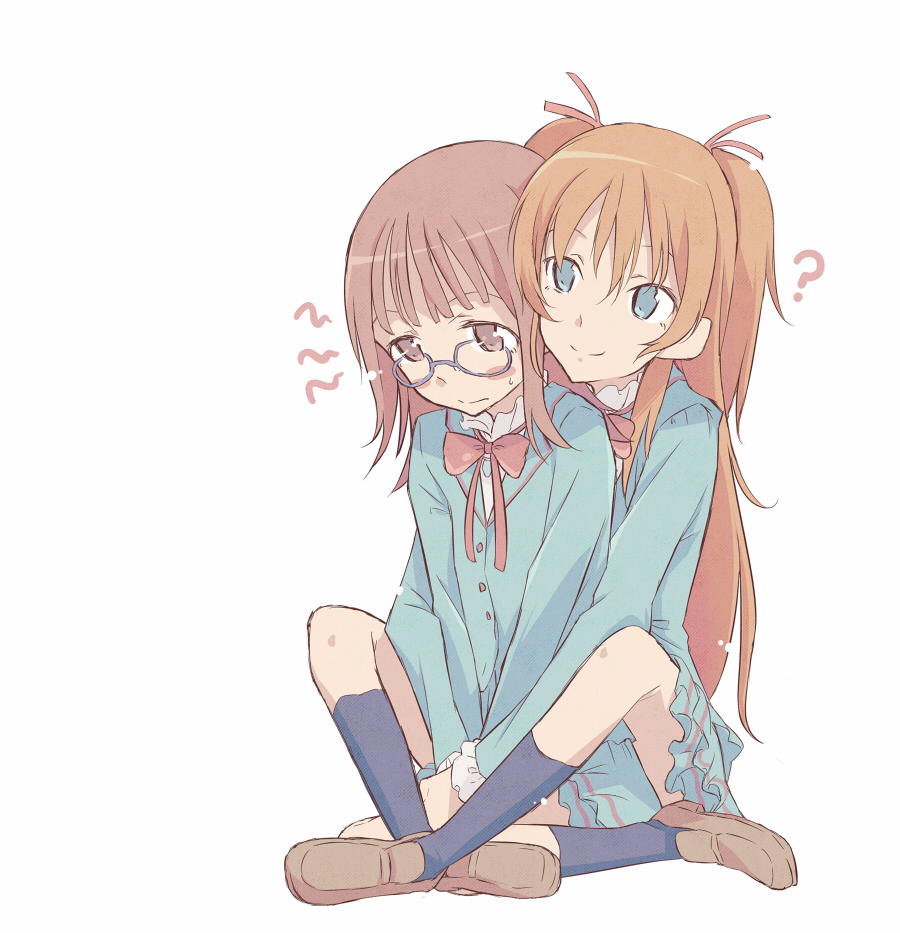 10s, 2girls, blazer, blue_eyes, blue_shirt, brown_hair, houjou_hibiki, houjou_sakura, jacket, multiple_girls, pleated_skirt, ponekusan, precure, seiren_(precure), shirt, simple_background, skirt, suite_precure, two_side_up