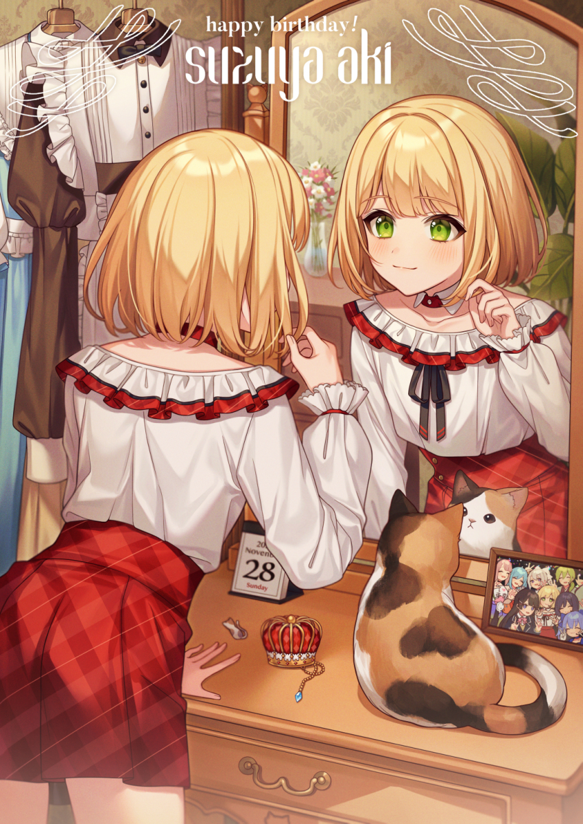 1boy, 1st_generation_(nijisanji), androgynous, black_ribbon, blonde_hair, blush, bob_cut, calico_(pattern)