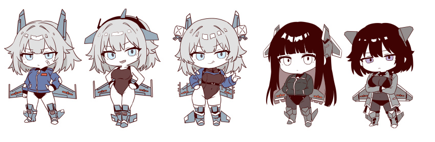 5girls, absurdres, aircraft, airplane, bandaid, black_eyes, black_hair, blue_eyes