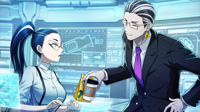 1boy, 1girl, :o, ^_^, absurdres, black_hair, black_jacket, black_suit