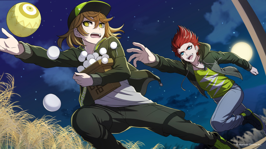 2boys, :d, absurdres, aqua_eyes, baseball_cap, brown_hair, copyright_notice, denim