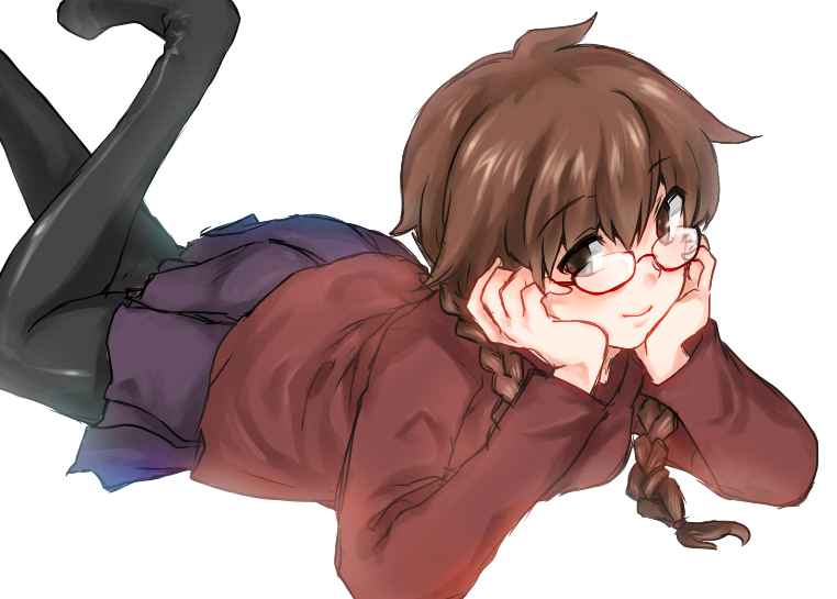 1girl, bad_id, bad_pixiv_id, bespectacled, black_pantyhose, braid, brown_hair, female_focus, glasses, long_sleeves, madotsuki, pantyhose, purple_skirt, shigure_shou, simple_background, skirt, smile, solo, sweater, twin_braids, yume_nikki