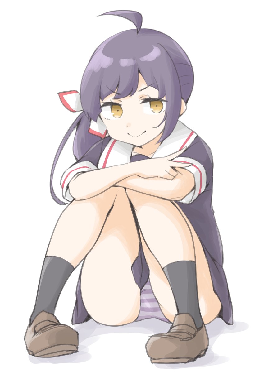 1girl, ahoge, akara_kai, black_hair, black_serafuku, cosplay, fujinami_(kancolle), fujinami_(sweet_potato)_(kancolle), hair_ribbon, highres, kantai_collection, long_hair, looking_at_viewer, neckerchief, official_alternate_costume, panties, pantyshot, pleated_skirt, purple_panties, ribbon, school_uniform, serafuku, shiratsuyu_(kancolle), shiratsuyu_(kancolle)_(cosplay), shirt, side_ponytail, sitting, skirt, smile, striped_clothes, striped_panties, underwear, white_background, yellow_eyes