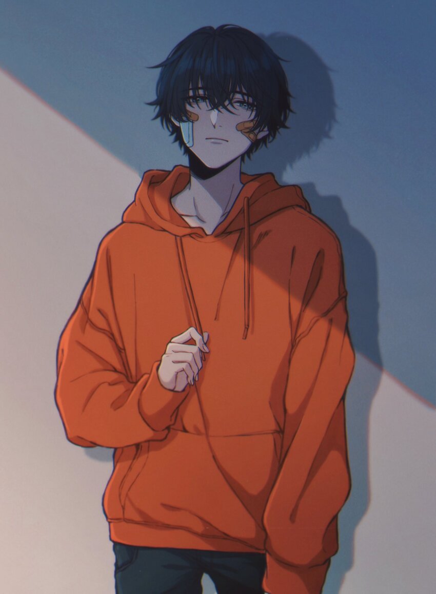 1boy, against_wall, bandaid, bandaid_on_cheek, bandaid_on_face, black_hair, black_pants, blue_eyes