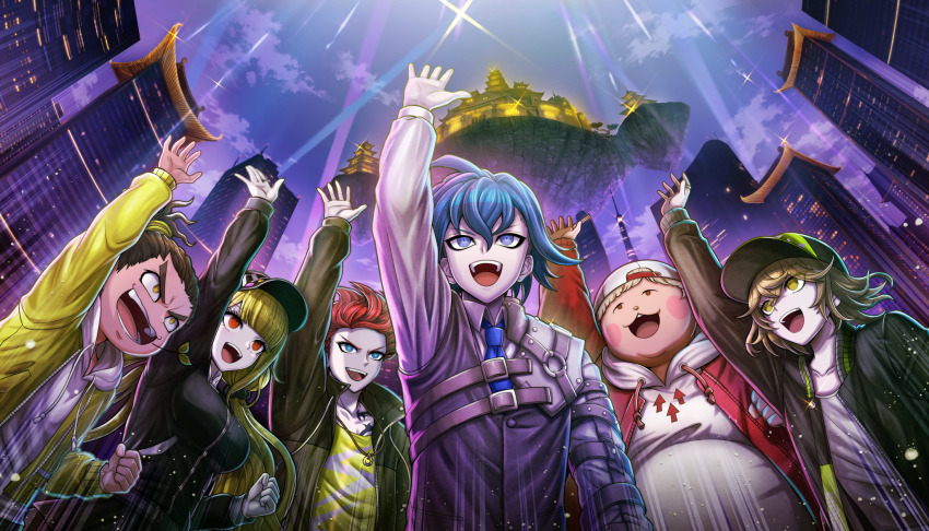 1girl, 5boys, :d, aoyama_kazuki, arisugawa_saori, arm_up, baseball_cap, black_jacket