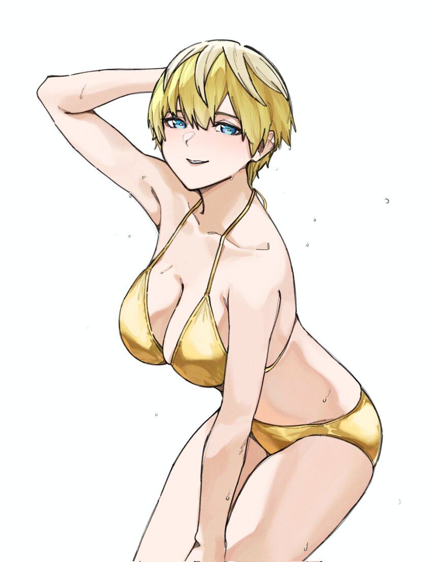 1girl, alternate_costume, arm_up, bikini, blonde_hair, blue_eyes, breasts, cleavage