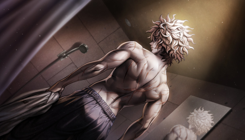 1boy, black_pants, from_behind, hair_between_eyes, highres, holding, holding_unworn_clothes, looking_down