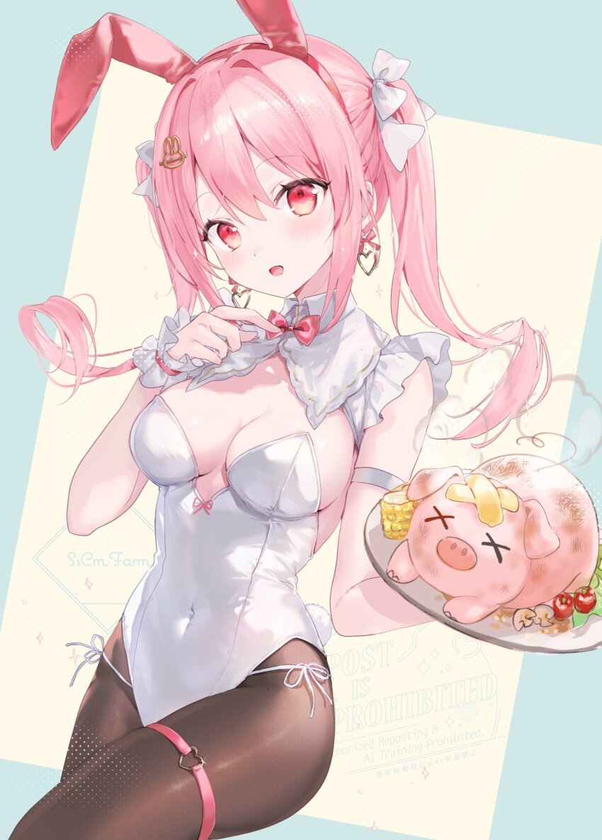 aisaki_yuka, animal_ear_hairband, animal_ears, black_pantyhose, blue_background, bow, breasts, covered_navel, cowboy_shot, earrings, fake_animal_ears, hairband, head_tilt, highres, indie_virtual_youtuber, jewelry, large_breasts, leg_belt, leotard, light_blush, looking_at_viewer, maid, nekojita_(ika_neko46), open_mouth, pantyhose, pig, pink_hair, playboy_bunny, red_bow, red_eyes, simple_background, strapless, strapless_leotard, white_leotard, x_x, yellow_background
