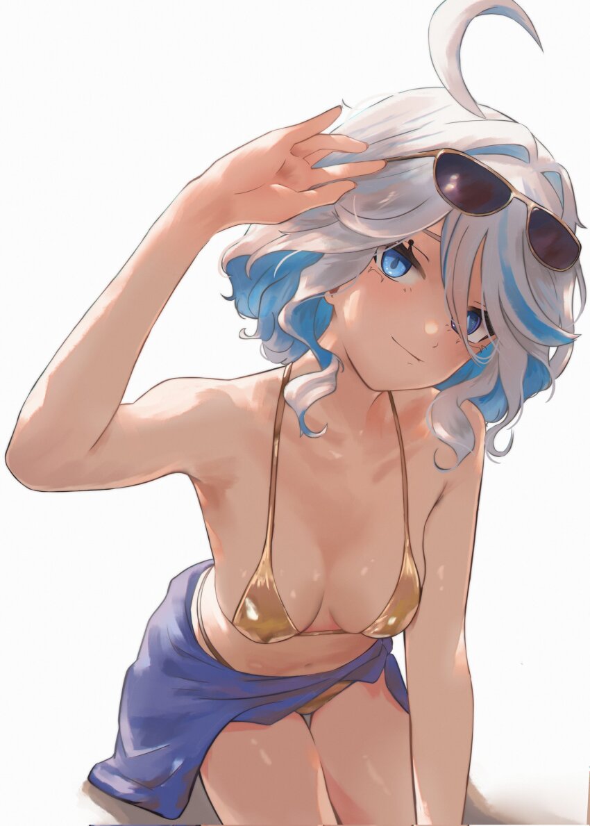 1girl, ahoge, armpits, bikini, blue_eyes, blue_hair, blue_sarong, breasts, commentary, eyewear_on_head, furina_(genshin_impact), genshin_impact, gold_bikini, highres, looking_at_viewer, lucasafontes, multicolored_hair, navel, sarong, simple_background, small_breasts, solo, stomach, streaked_hair, sunglasses, swimsuit, thighs, two-tone_hair, white_background, white_hair